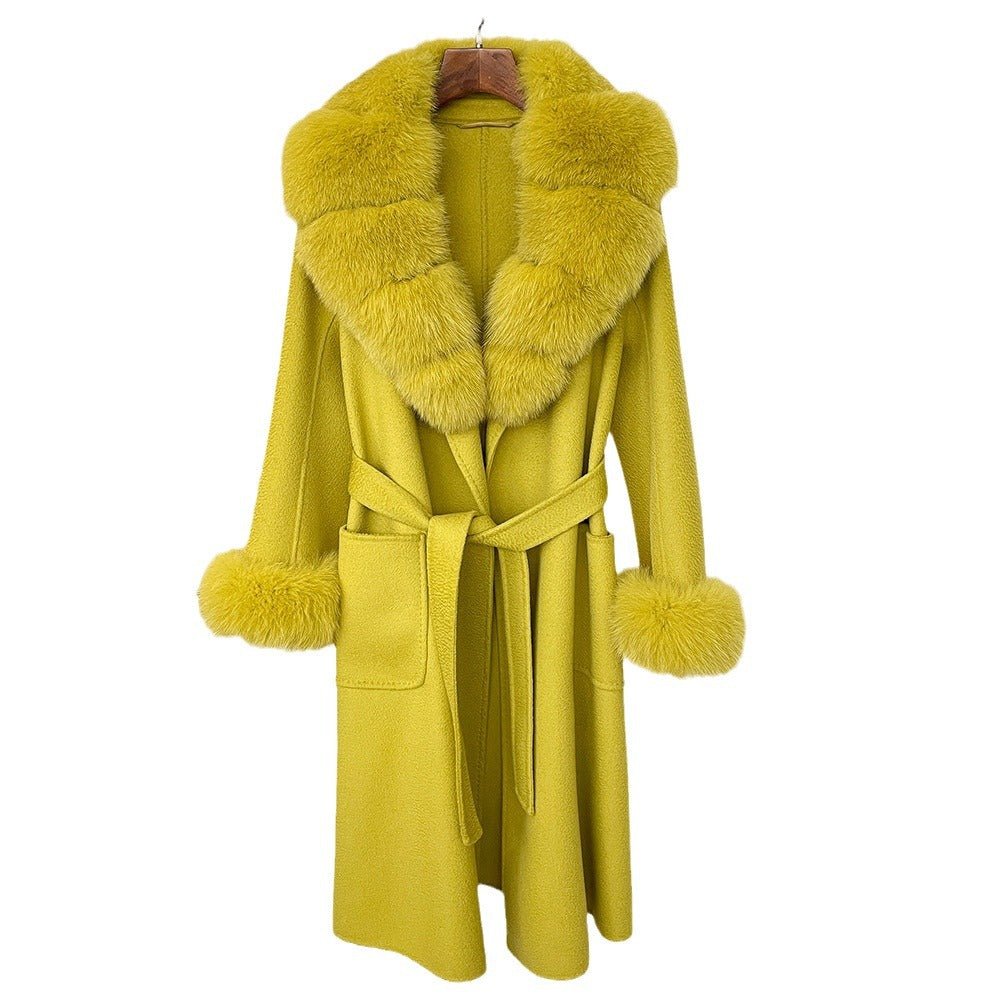 Manteau long femme en laine double face effet ondulé avec col en fourrure luxe - IVOIRART.COM