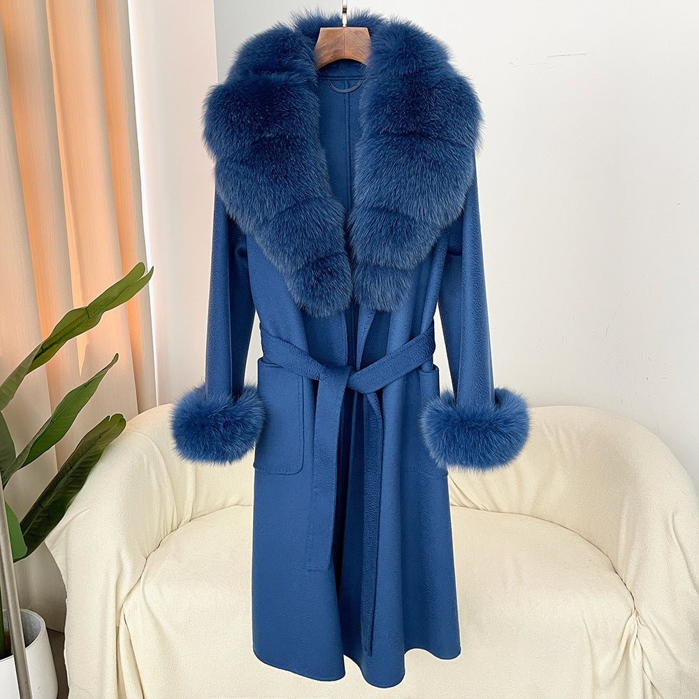 Manteau long femme en laine double face effet ondulé avec col en fourrure luxe - IVOIRART.COM
