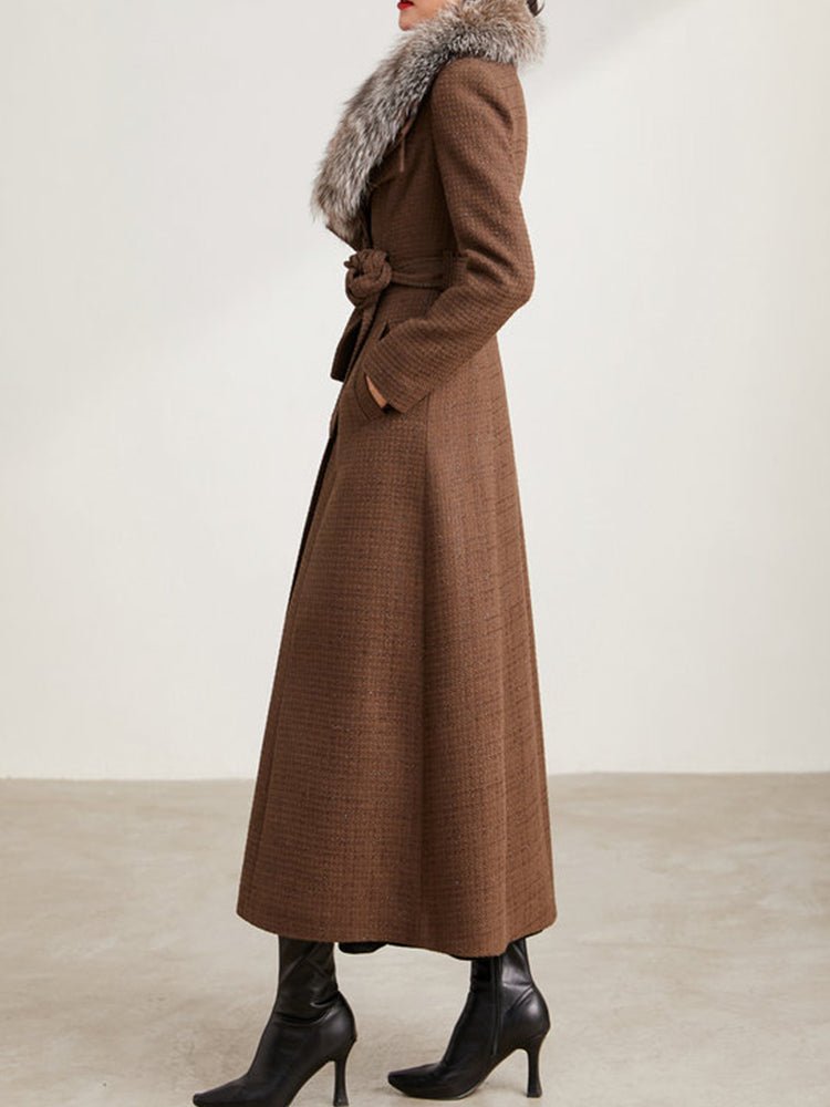 Manteau long tweed femme à double col, coupe slim élégante, marron, chic urbaine - IVOIRART.COM
