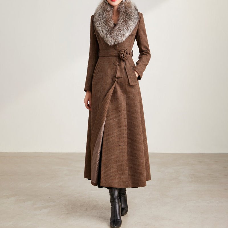 Manteau long tweed femme à double col, coupe slim élégante, marron, chic urbaine - IVOIRART.COM