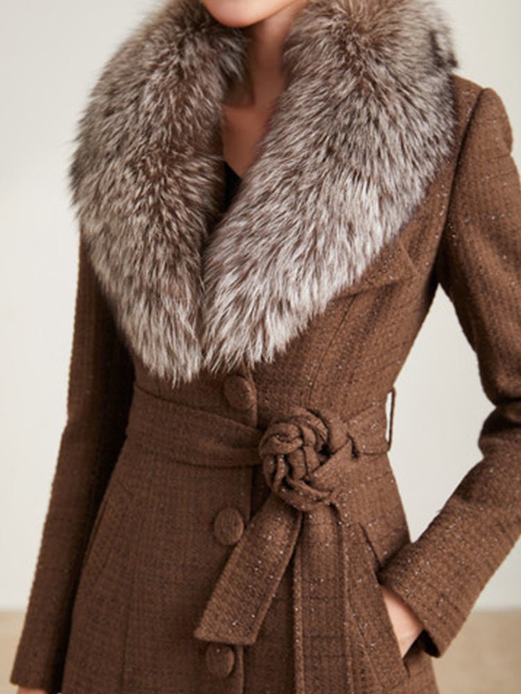 Manteau long tweed femme à double col, coupe slim élégante, marron, chic urbaine - IVOIRART.COM