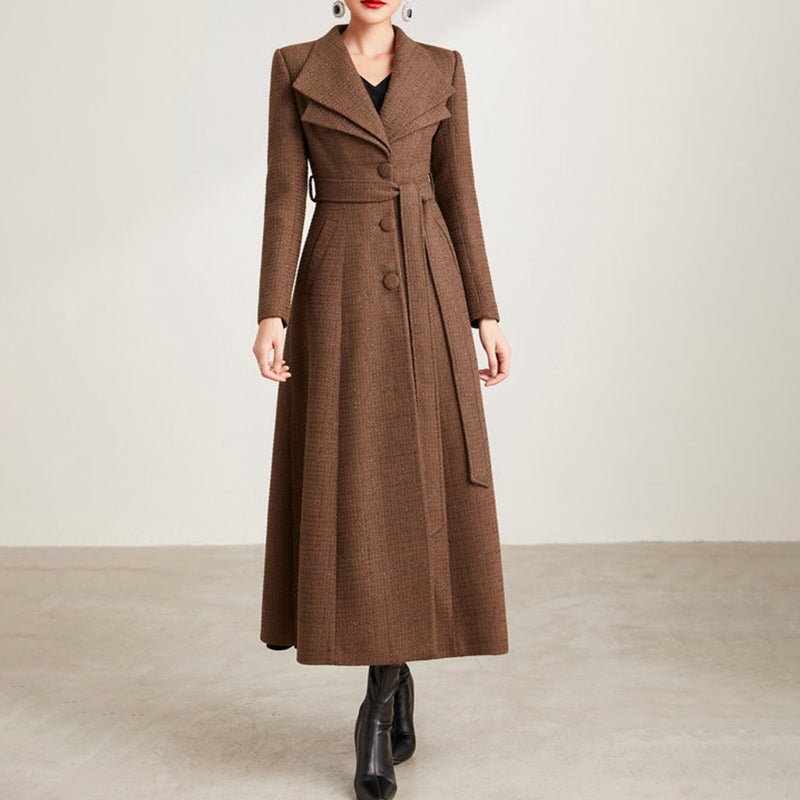 Manteau long tweed femme à double col, coupe slim élégante, marron, chic urbaine - IVOIRART.COM