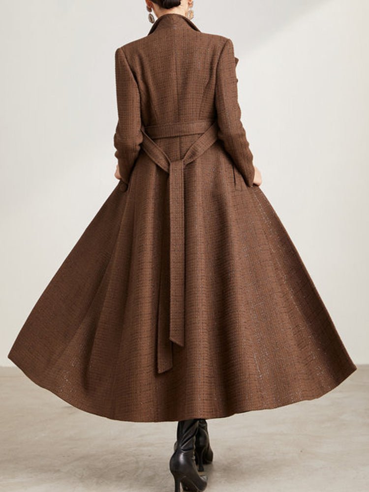 Manteau long tweed femme à double col, coupe slim élégante, marron, chic urbaine - IVOIRART.COM