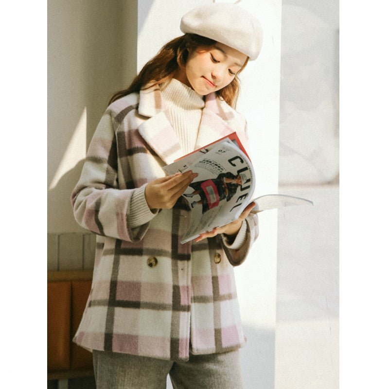 Manteau mi-long en cachemire et laine à carreaux, coupe ajustée, style doux chic - IVOIRART.COM