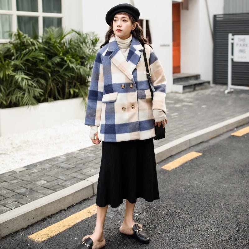 Manteau mi-long en cachemire et laine à carreaux, coupe ajustée, style doux chic - IVOIRART.COM