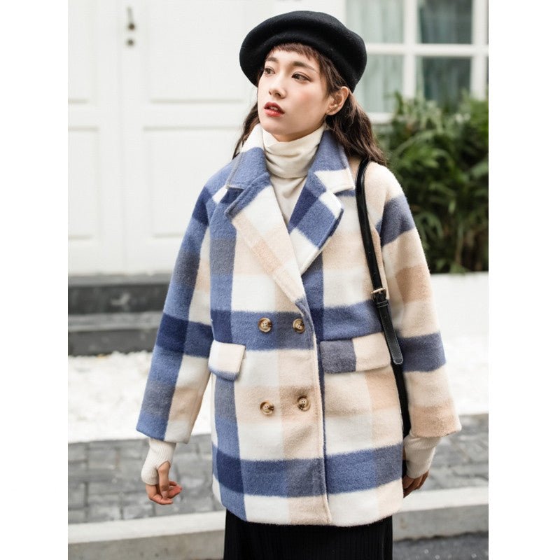Manteau mi-long en cachemire et laine à carreaux, coupe ajustée, style doux chic - IVOIRART.COM