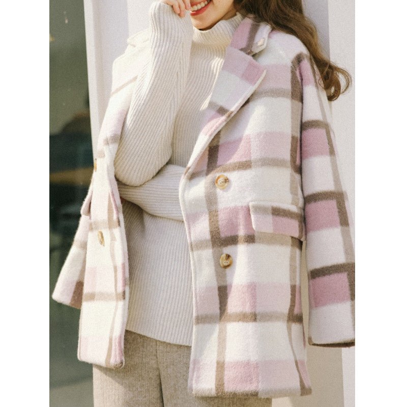 Manteau mi-long en cachemire et laine à carreaux, coupe ajustée, style doux chic - IVOIRART.COM