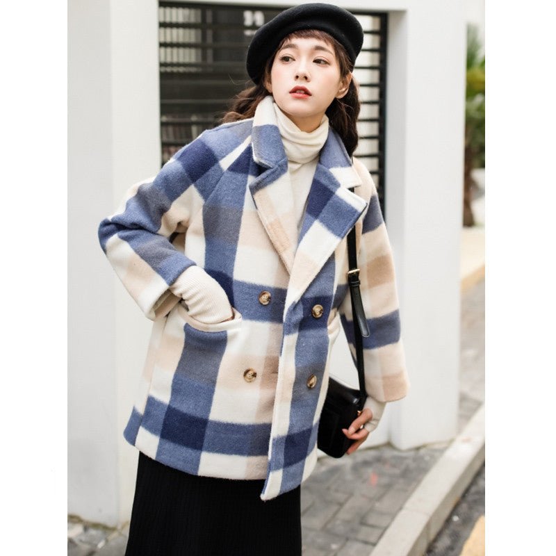 Manteau mi-long en cachemire et laine à carreaux, coupe ajustée, style doux chic - IVOIRART.COM