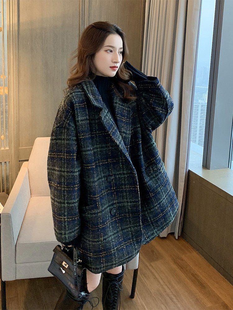 Manteau mi-long en laine épaisse à carreaux tweed, col tailleur, double-breasted - IVOIRART.COM