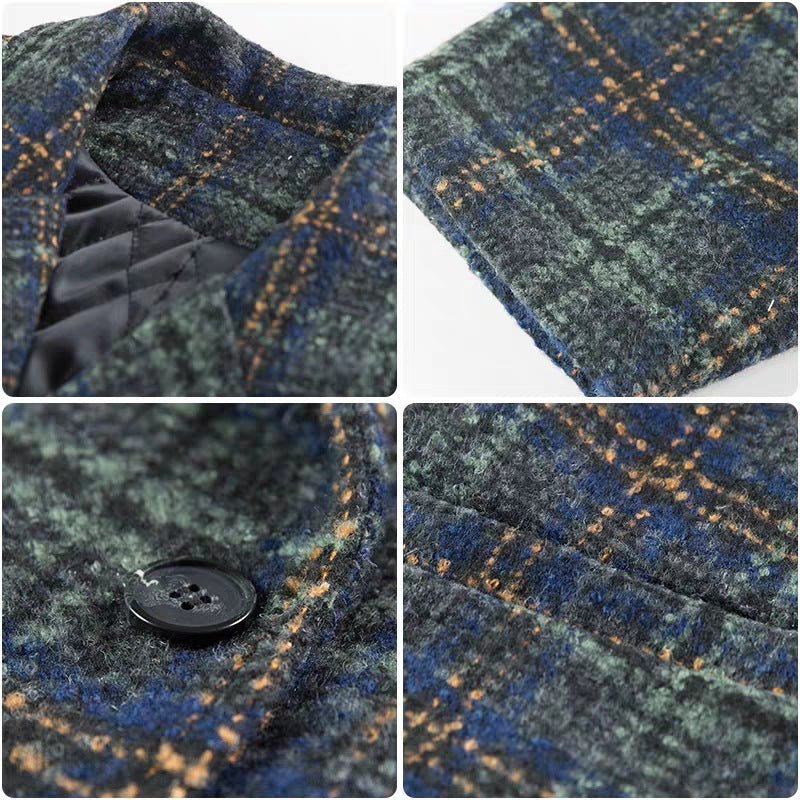 Manteau mi-long en laine épaisse à carreaux tweed, col tailleur, double-breasted - IVOIRART.COM