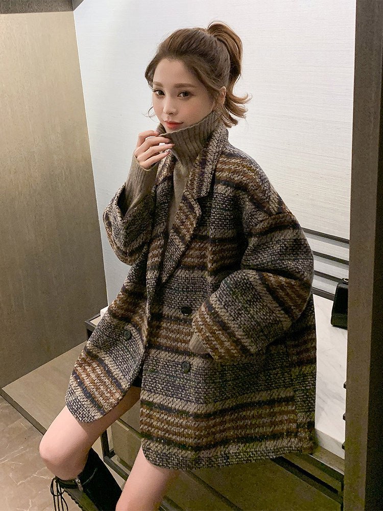 Manteau mi-long en laine épaisse à carreaux tweed, col tailleur, double-breasted - IVOIRART.COM