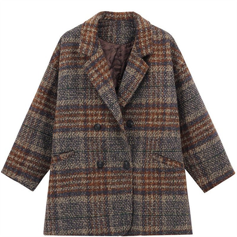 Manteau mi-long en laine épaisse à carreaux tweed, col tailleur, double-breasted - IVOIRART.COM