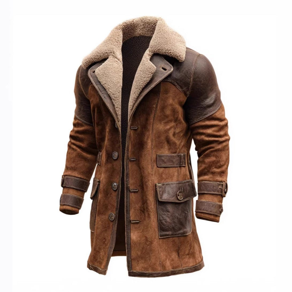 Manteau suédé patchwork rétro homme long pour automne et hiver, coupe slim style - IVOIRART.COM