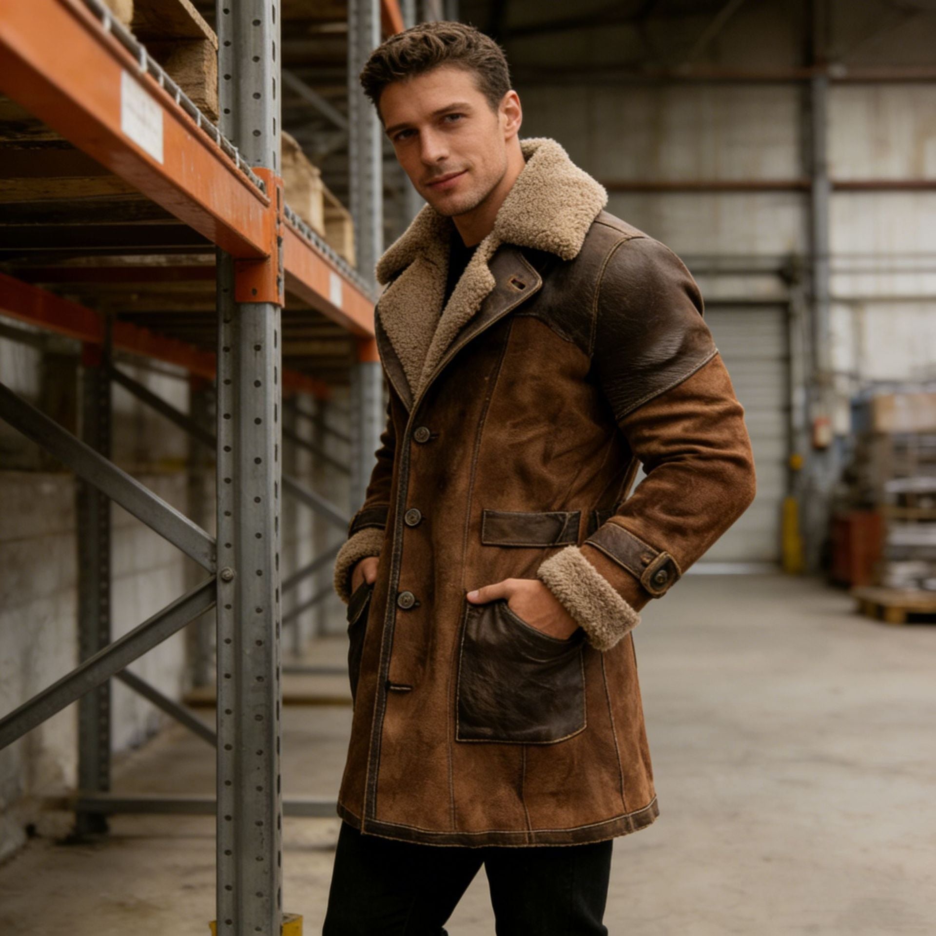 Manteau suédé patchwork rétro homme long pour automne et hiver, coupe slim style - IVOIRART.COM