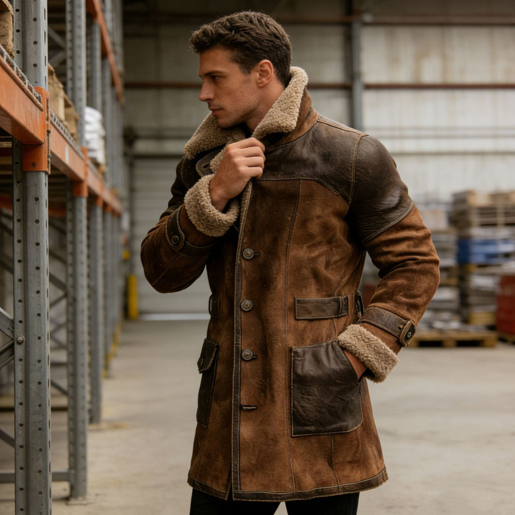 Manteau suédé patchwork rétro homme long pour automne et hiver, coupe slim style - IVOIRART.COM