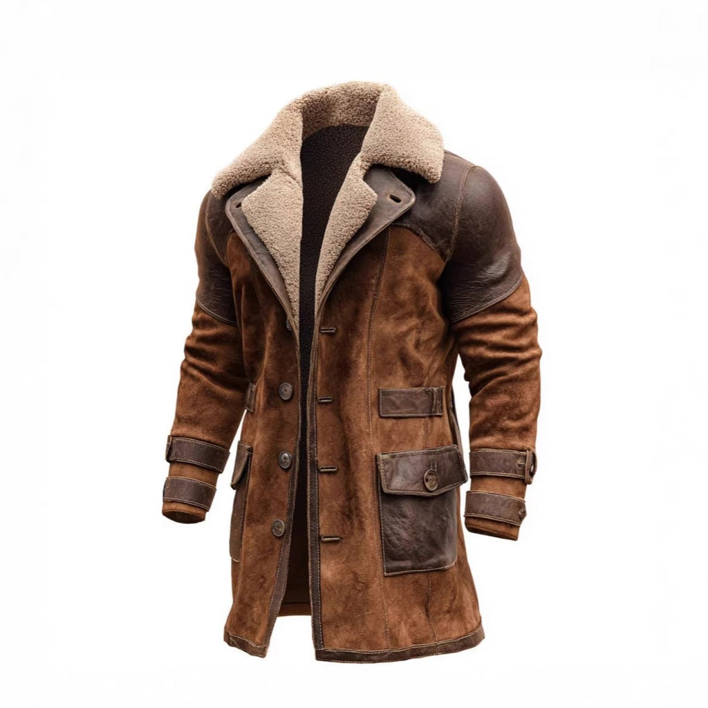 Manteau suédé patchwork rétro homme long pour automne et hiver, coupe slim style - IVOIRART.COM