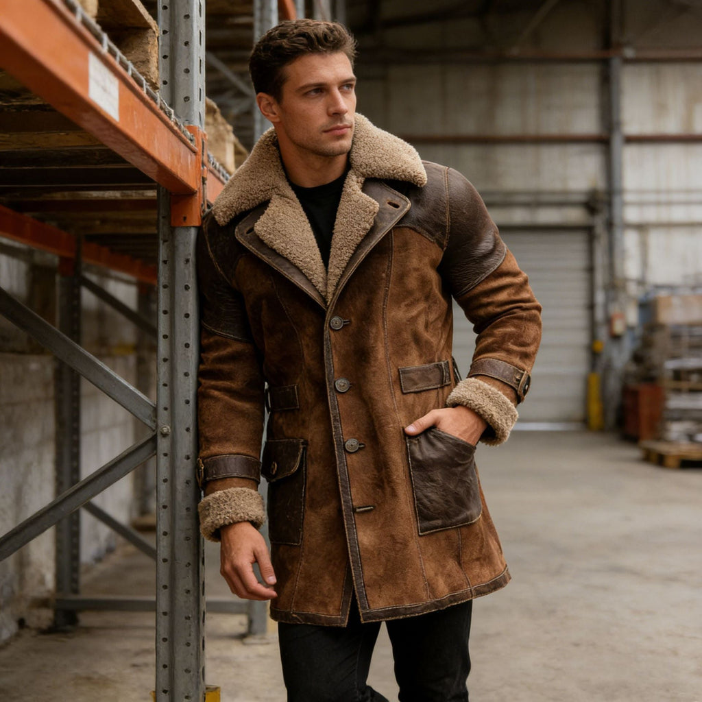 Manteau suédé patchwork rétro homme long pour automne et hiver, coupe slim style - IVOIRART.COM