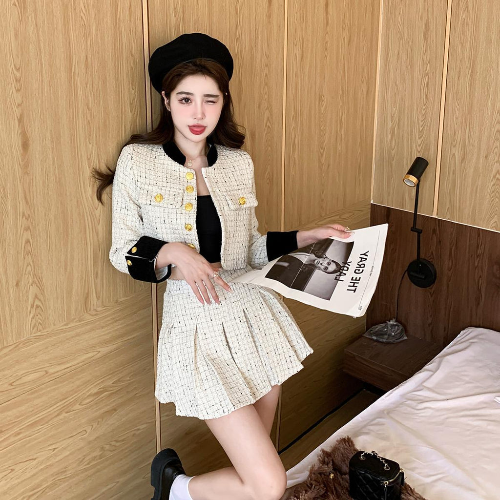 Manteau tweed matelassé épais boutonné + jupe, manches princesse, 100% coton S/M - IVOIRART.COM