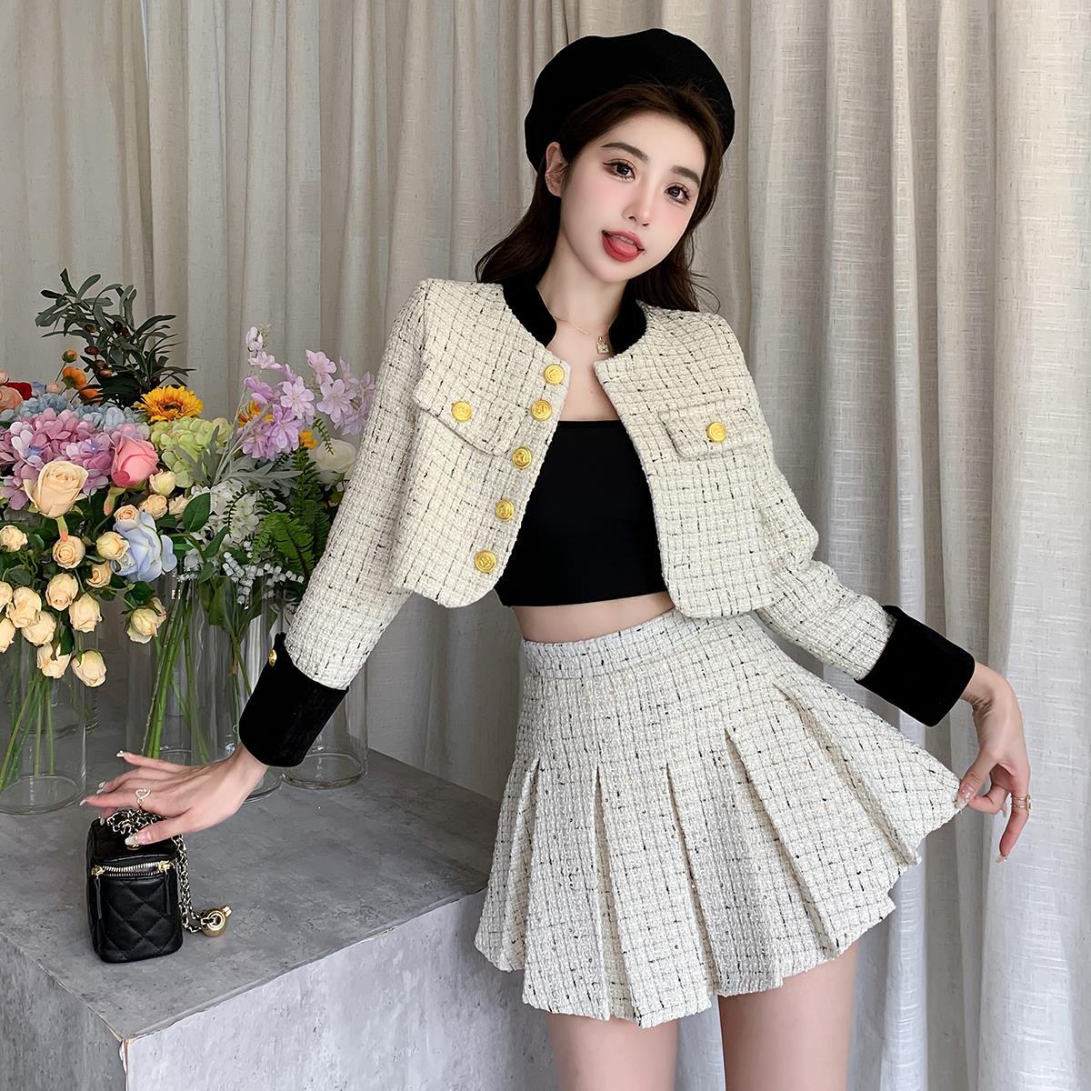 Manteau tweed matelassé épais boutonné + jupe, manches princesse, 100% coton S/M - IVOIRART.COM