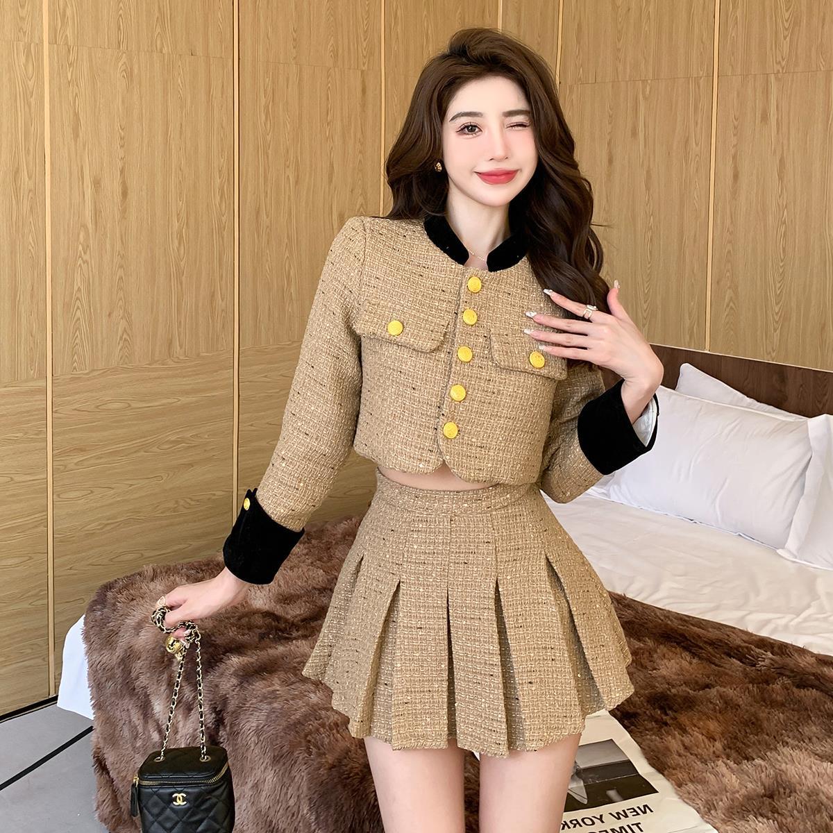 Manteau tweed matelassé épais boutonné + jupe, manches princesse, 100% coton S/M - IVOIRART.COM