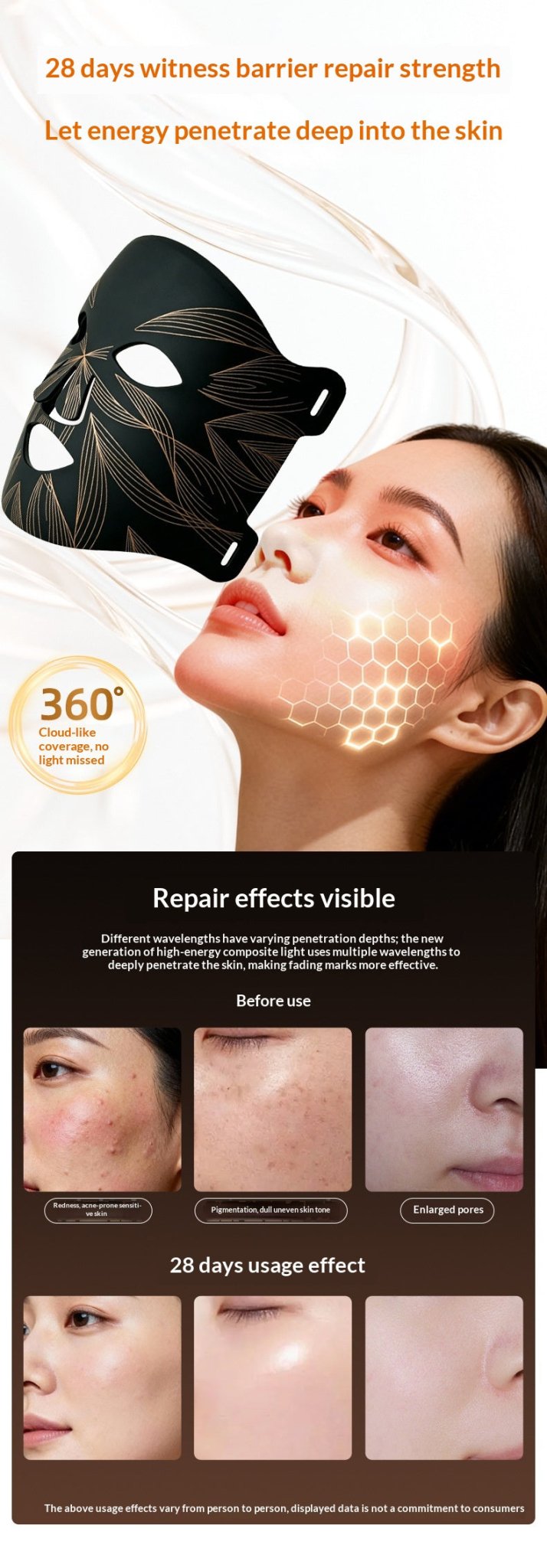 Masque photonique Beauty Device 3 niveaux USB anti-rides éclat peau douce maison - IVOIRART.COM