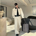 Mens Color-Block Patchwork Leather Zip-Up Top And Casual Wide-Leg Pants Set - IVOIRART.COM