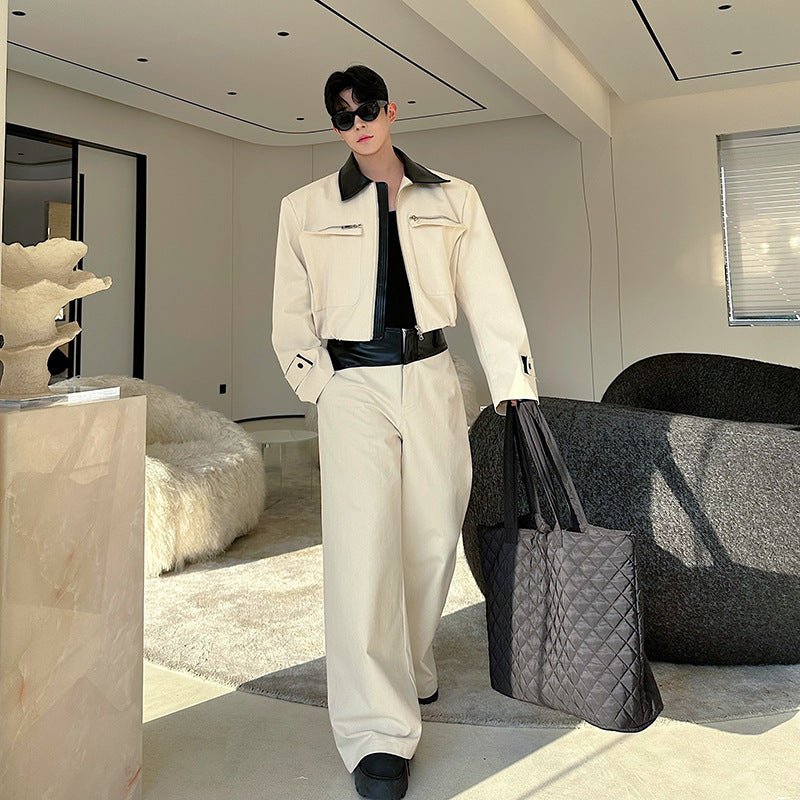 Mens Color-Block Patchwork Leather Zip-Up Top And Casual Wide-Leg Pants Set - IVOIRART.COM