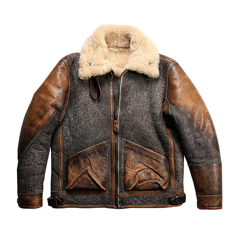 Men's Color Matching Sheepskin Leather Lapel Coat - IVOIRART.COM