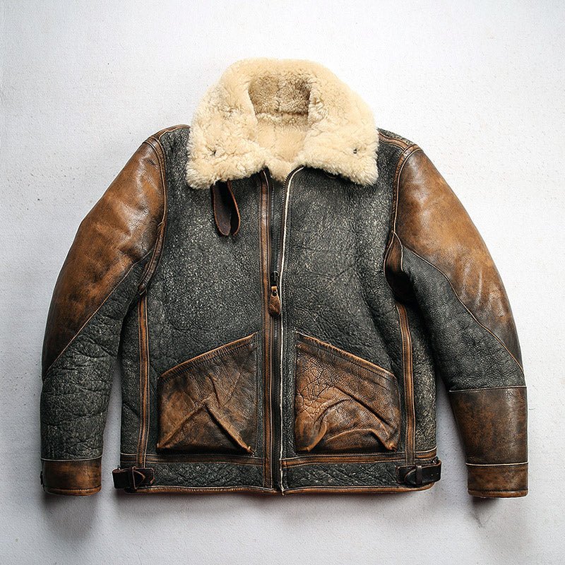 Men's Color Matching Sheepskin Leather Lapel Coat - IVOIRART.COM