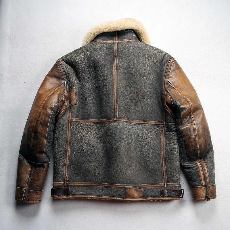 Men's Color Matching Sheepskin Leather Lapel Coat - IVOIRART.COM