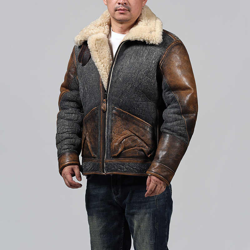 Men's Color Matching Sheepskin Leather Lapel Coat - IVOIRART.COM