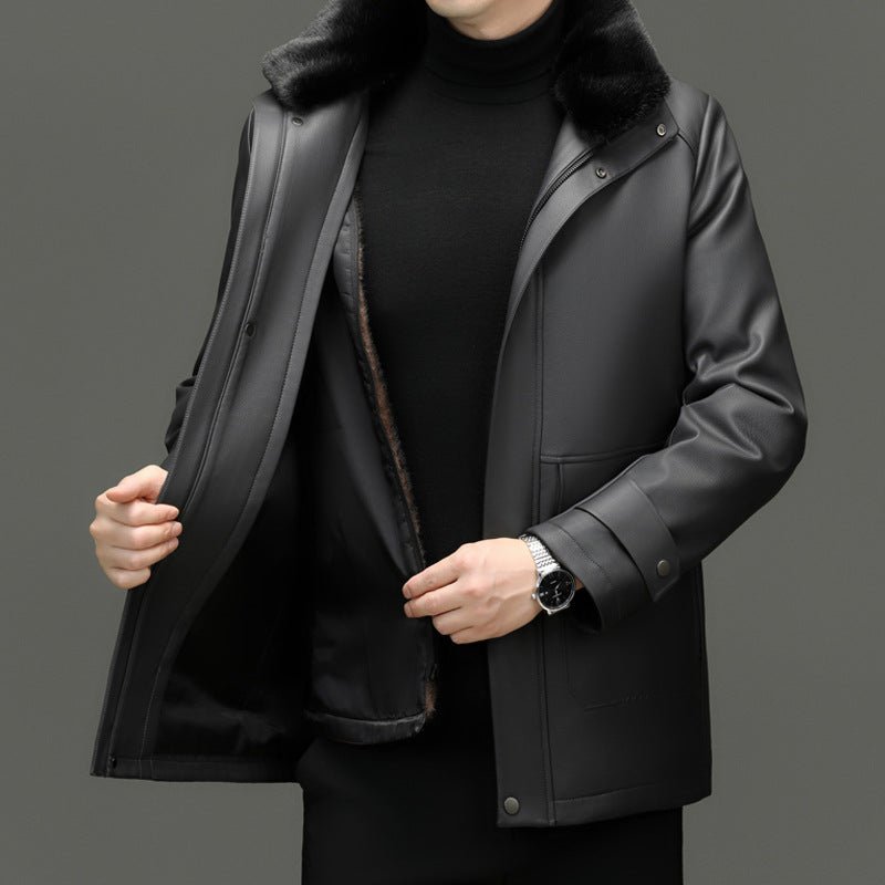 Men's Detachable Mink Cashmere Lining Lapel Leather Jacket - IVOIRART.COM