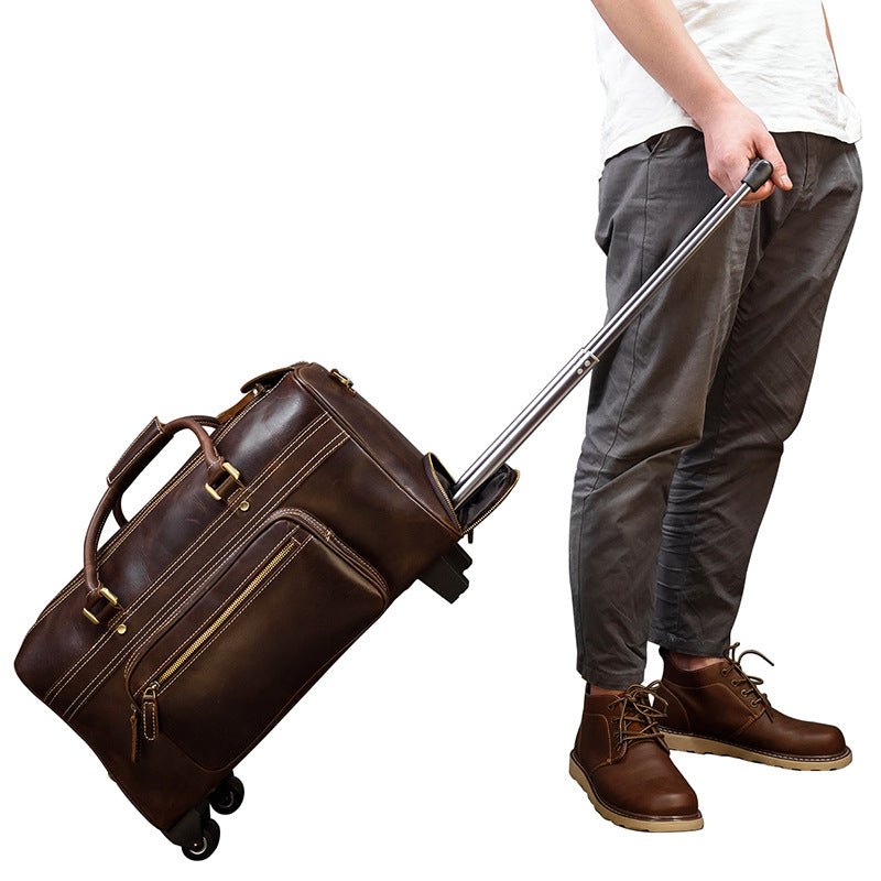 Men's Genuine Leather Trolley Case Retro Leather Travel Bag - IVOIRART.COM