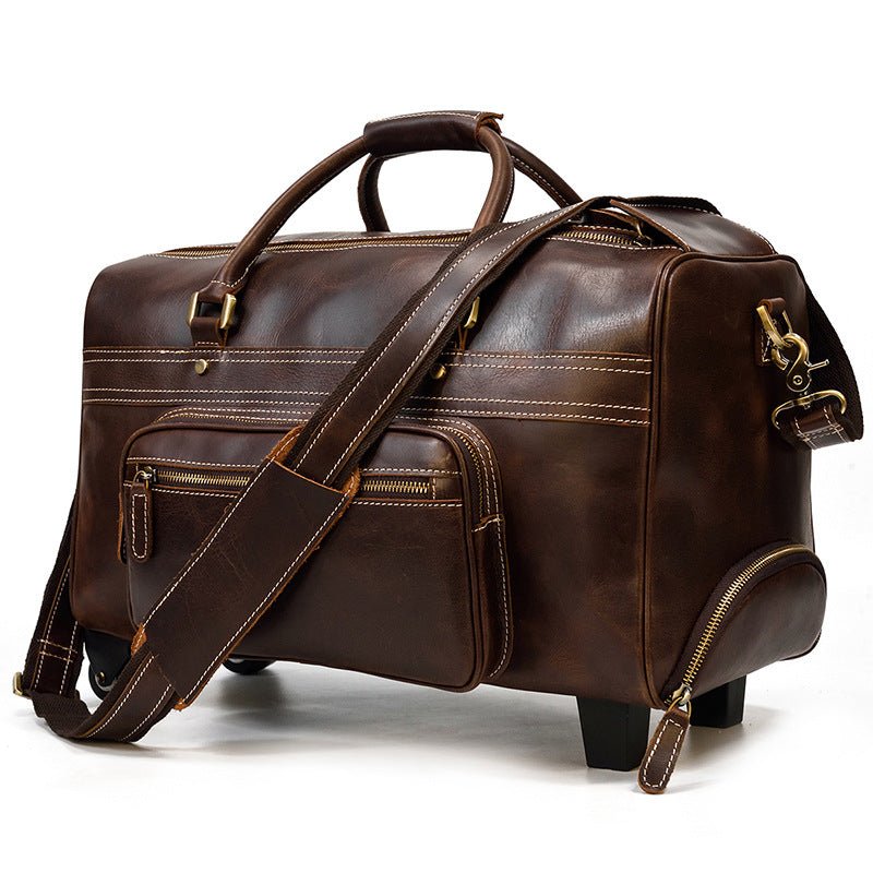 Men's Genuine Leather Trolley Case Retro Leather Travel Bag - IVOIRART.COM
