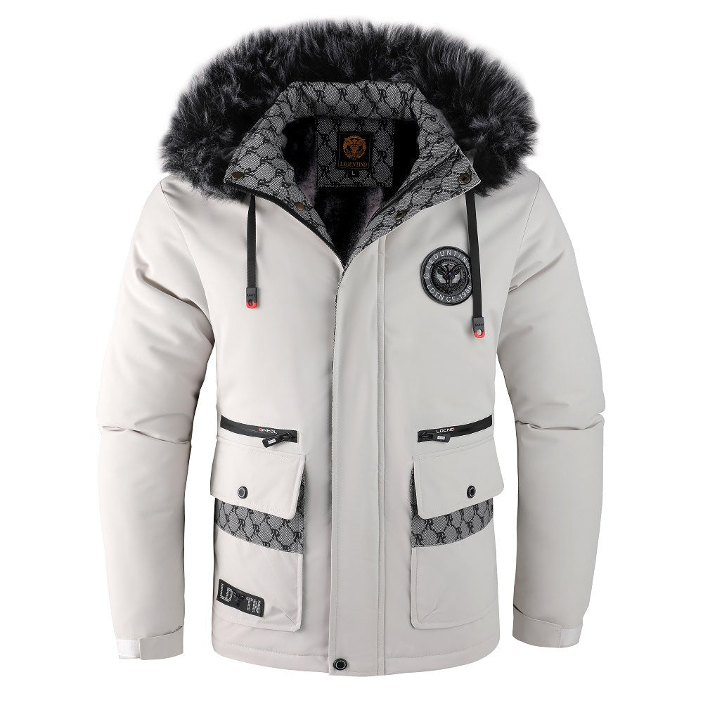 Men's Hair Collar Padded Thickened Cotton Coat Jacket - IVOIRART.COM