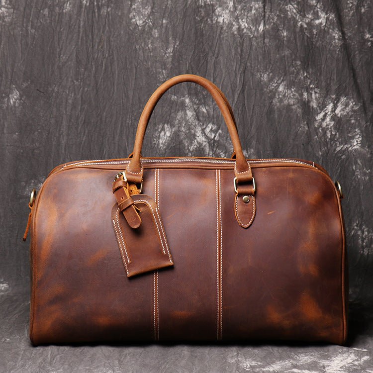 Men's Leather Hand Travel One Shoulder Crossbody Duffel Bag - IVOIRART.COM