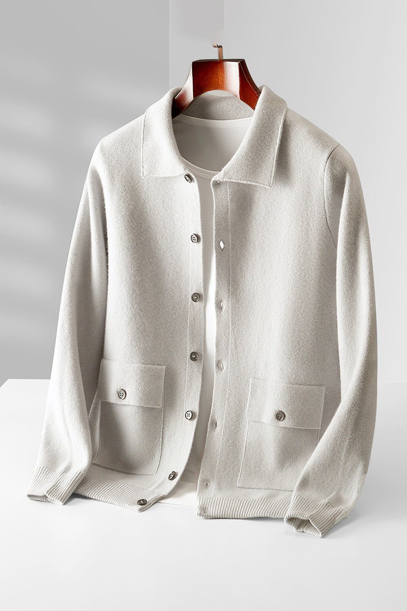 Men's Polo Collar Solid Color Wool Cardigan Autumn Winter Retro Pocket Thick Coat - IVOIRART.COM