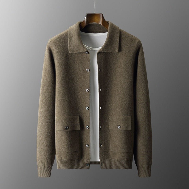 Men's Polo Collar Solid Color Wool Cardigan Autumn Winter Retro Pocket Thick Coat - IVOIRART.COM