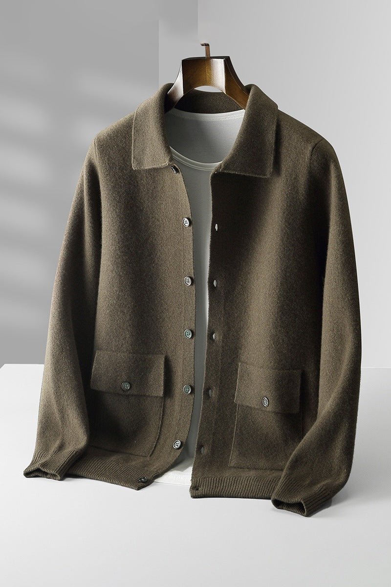 Men's Polo Collar Solid Color Wool Cardigan Autumn Winter Retro Pocket Thick Coat - IVOIRART.COM