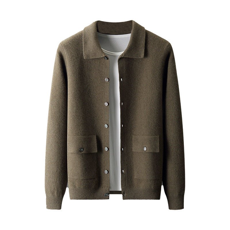 Men's Polo Collar Solid Color Wool Cardigan Autumn Winter Retro Pocket Thick Coat - IVOIRART.COM