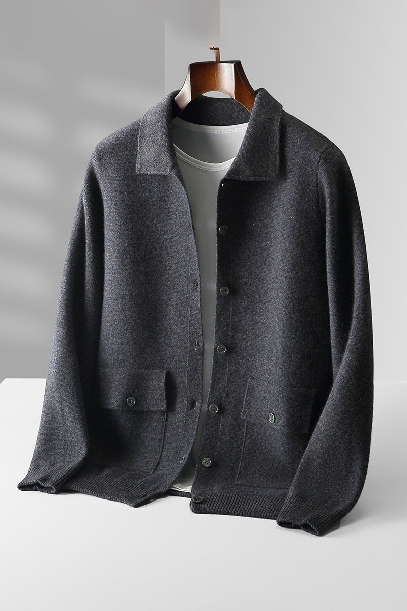 Men's Polo Collar Solid Color Wool Cardigan Autumn Winter Retro Pocket Thick Coat - IVOIRART.COM
