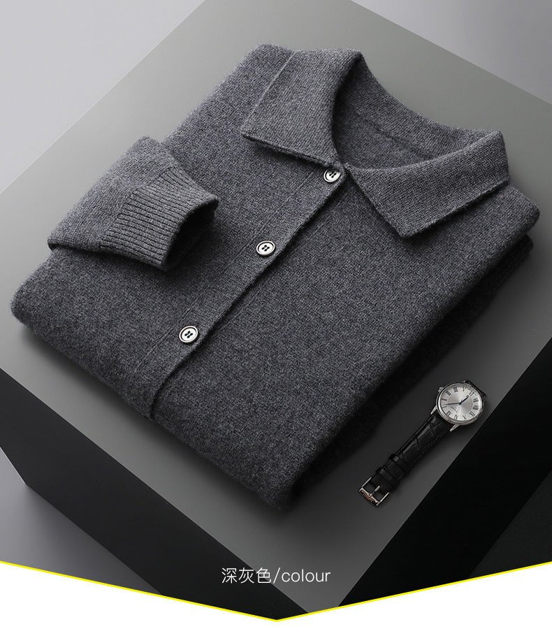 Men's Polo Collar Solid Color Wool Cardigan Autumn Winter Retro Pocket Thick Coat - IVOIRART.COM