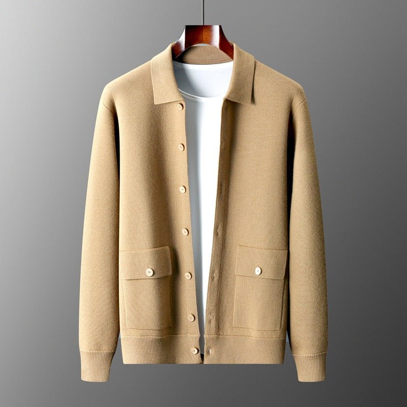 Men's Polo Collar Solid Color Wool Cardigan Autumn Winter Retro Pocket Thick Coat - IVOIRART.COM