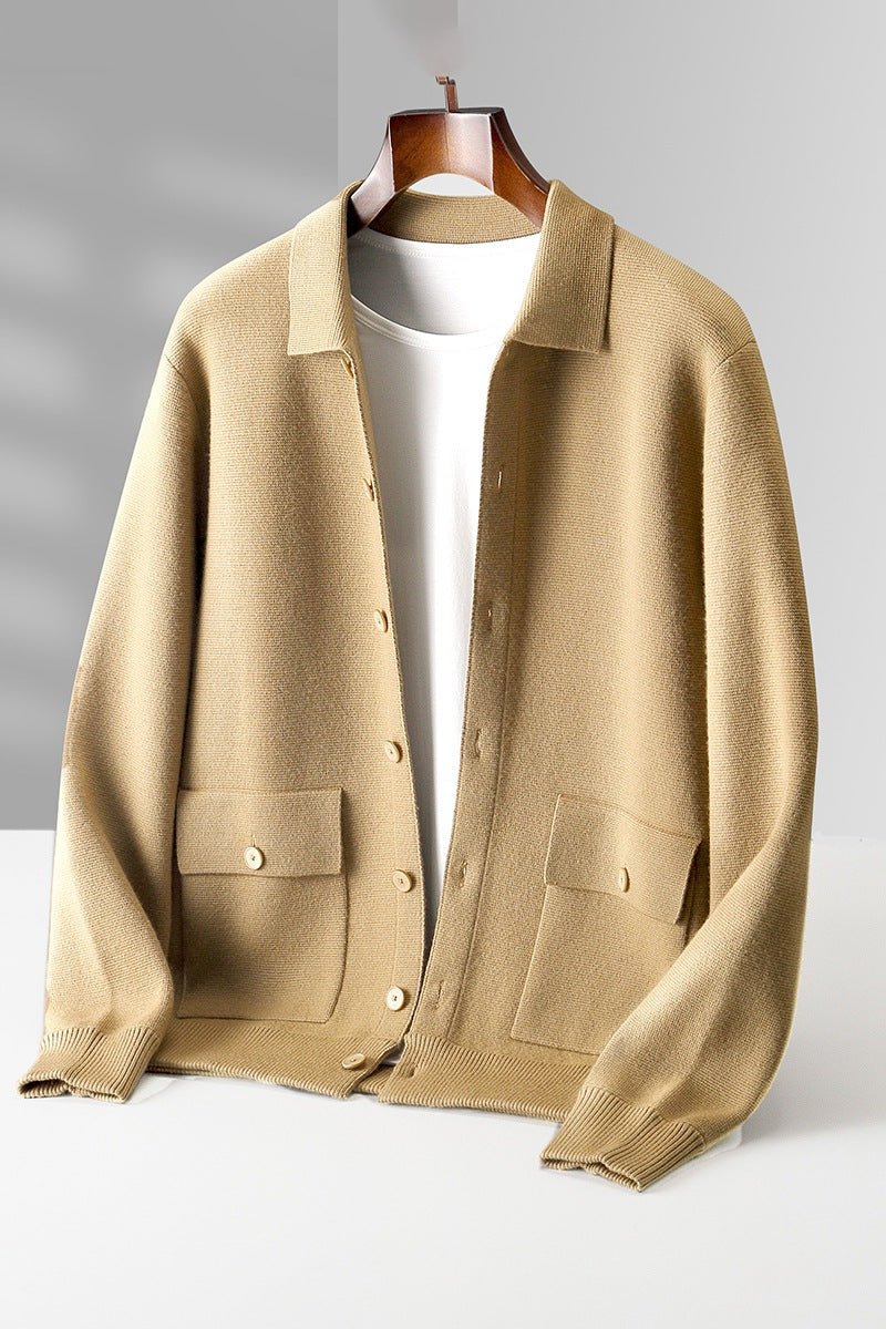 Men's Polo Collar Solid Color Wool Cardigan Autumn Winter Retro Pocket Thick Coat - IVOIRART.COM