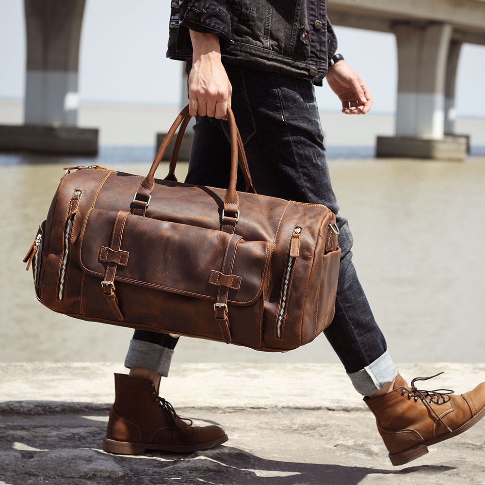 Men's Retro Genuine Leather Super Large Capacity First Layer Cowhide Leather Hand Luggage Bag - IVOIRART.COM