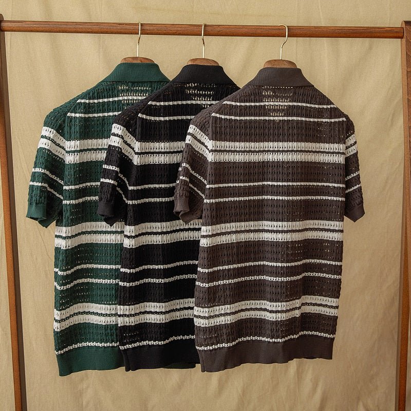 Men's Summer Stripes Lapel Cardigan POLO Short Sleeve - IVOIRART.COM