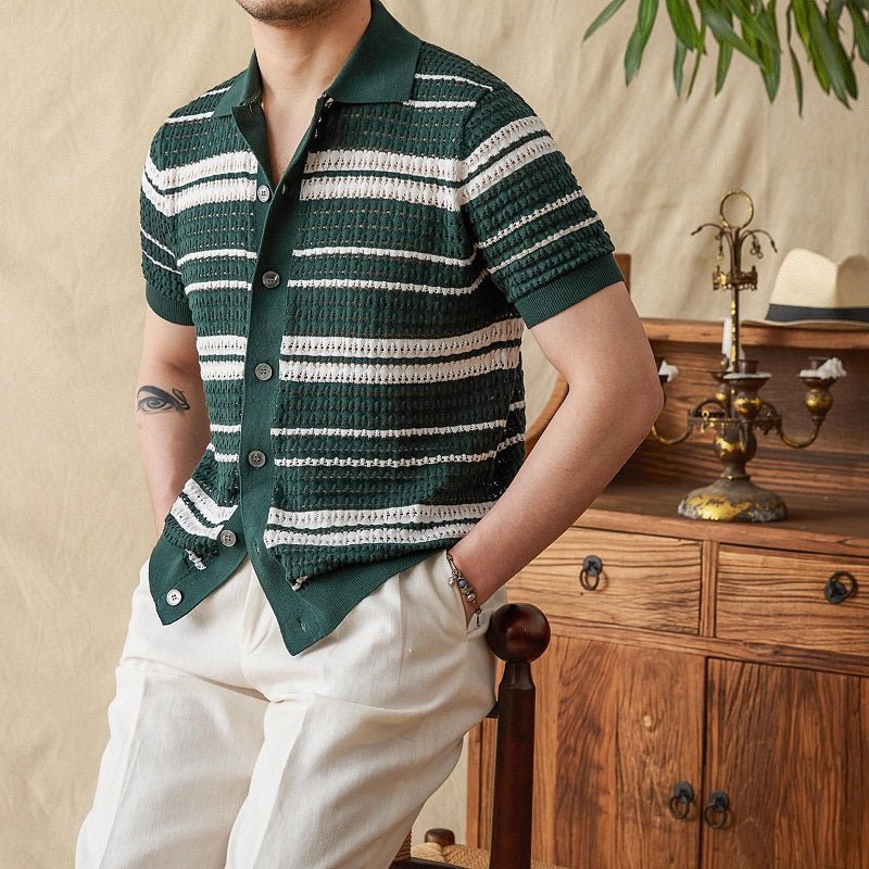 Men's Summer Stripes Lapel Cardigan POLO Short Sleeve - IVOIRART.COM