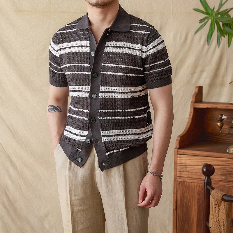 Men's Summer Stripes Lapel Cardigan POLO Short Sleeve - IVOIRART.COM
