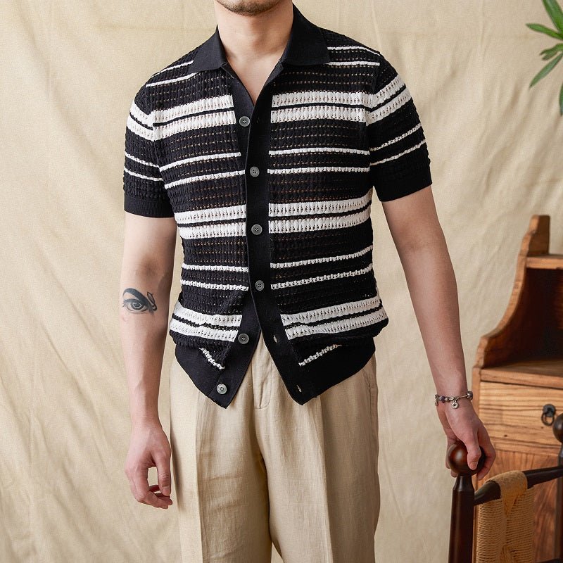 Men's Summer Stripes Lapel Cardigan POLO Short Sleeve - IVOIRART.COM