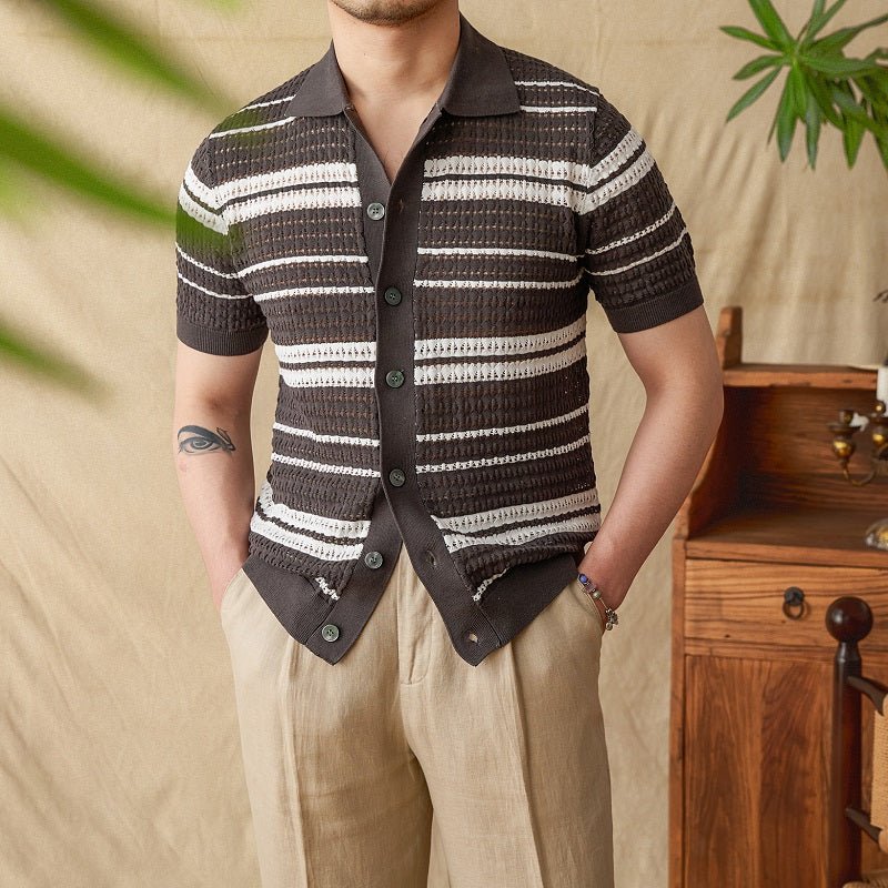 Men's Summer Stripes Lapel Cardigan POLO Short Sleeve - IVOIRART.COM